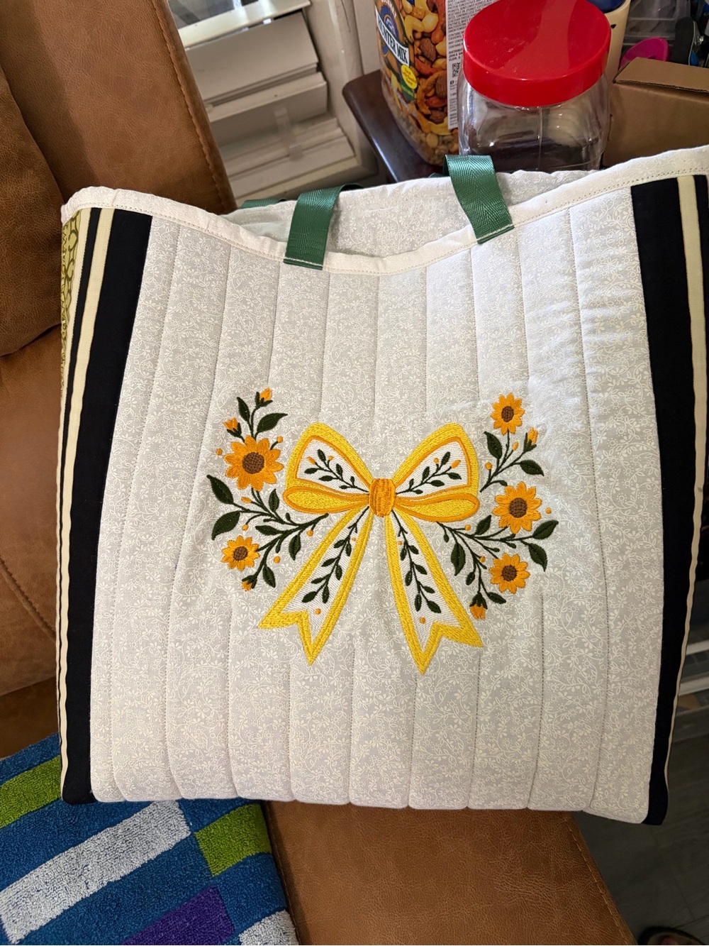 Quilted White Tote Bag with Yellow Bow & Floral Embroidery